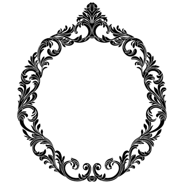 Elegant black-and-white ornate floral frame with Baroque-style scrollwork and symmetrical acanthus leaf motifs.