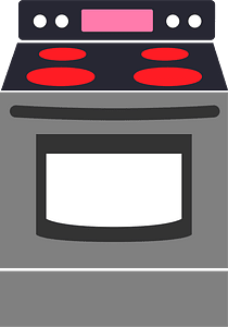 Simple flat-style illustration of a gray electric stove with four red coil burners and a pink control panel.