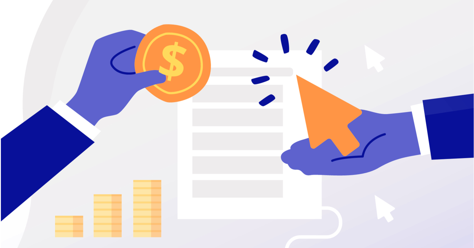 Two hands exchanging a dollar coin and a cursor arrow over a document with bar charts, symbolizing digital payment or financial transaction.