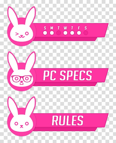 Pink bunny-themed UI banners for schedule, PC specs, and rules sections.