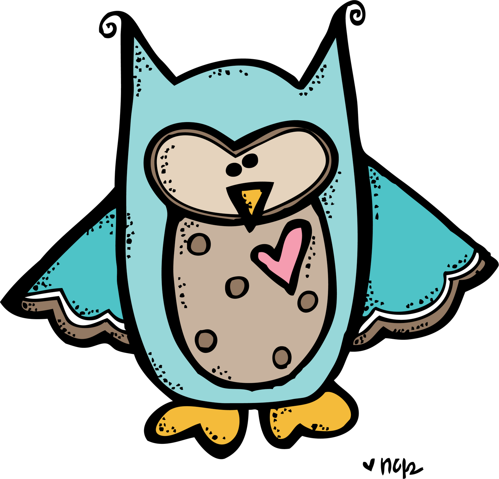Cute cartoon owl with teal feathers, pink heart on chest, and yellow feet against black background.