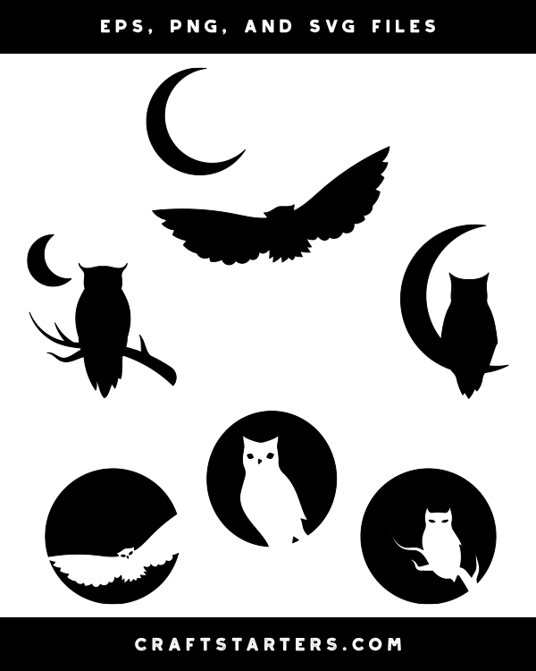 Black silhouette illustrations of owls, crescent moons, and circular frames in EPS, PNG, and SVG formats.