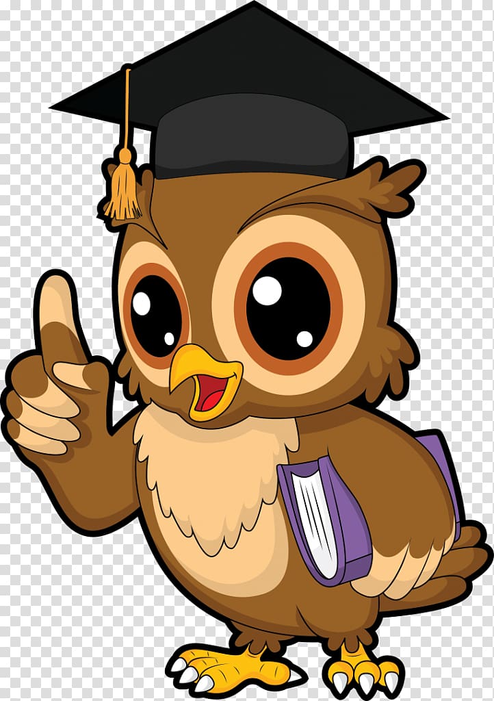 Cartoon wise owl wearing graduation cap, holding book, pointing upward with cheerful expression.