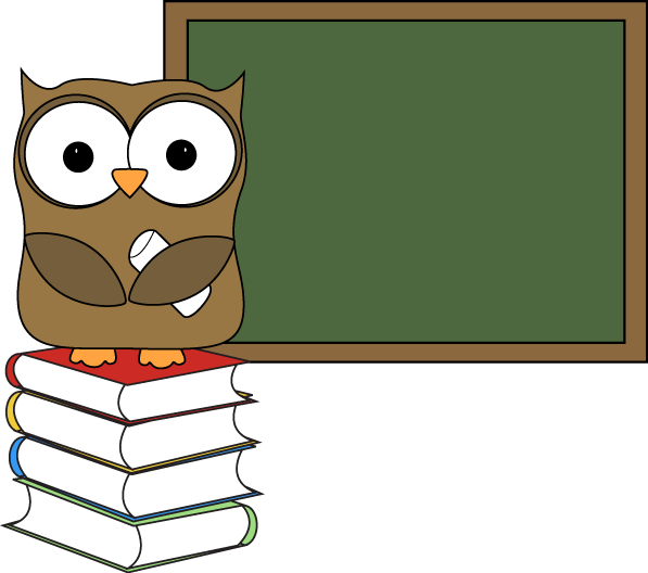 Cartoon owl holding chalk, perched on books beside a green chalkboard.