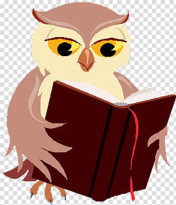 Wise cartoon owl with yellow eyes reading a red hardcover book, wings holding pages open.
