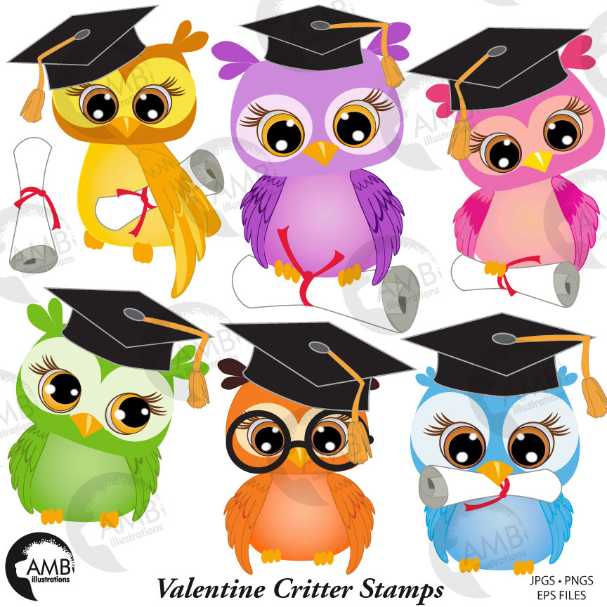 Six colorful cartoon owls wearing graduation caps and holding diplomas, styled for Valentine’s Day themes.