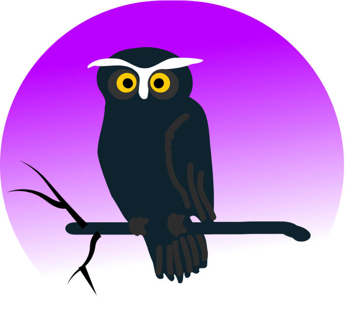 Black owl with yellow eyes and white eyebrows perched on a branch against a purple circular background.