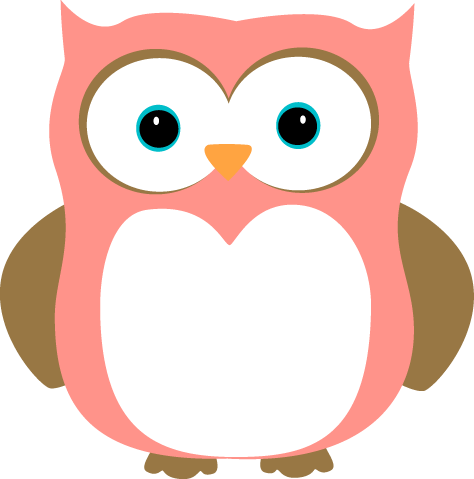 Cute pink cartoon owl with large blue eyes, white face patch, and brown wings.