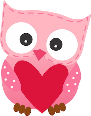 Pink cartoon owl holding a red heart, with large eyes and dotted wings- Valentine’s Day or love-themed illustration.