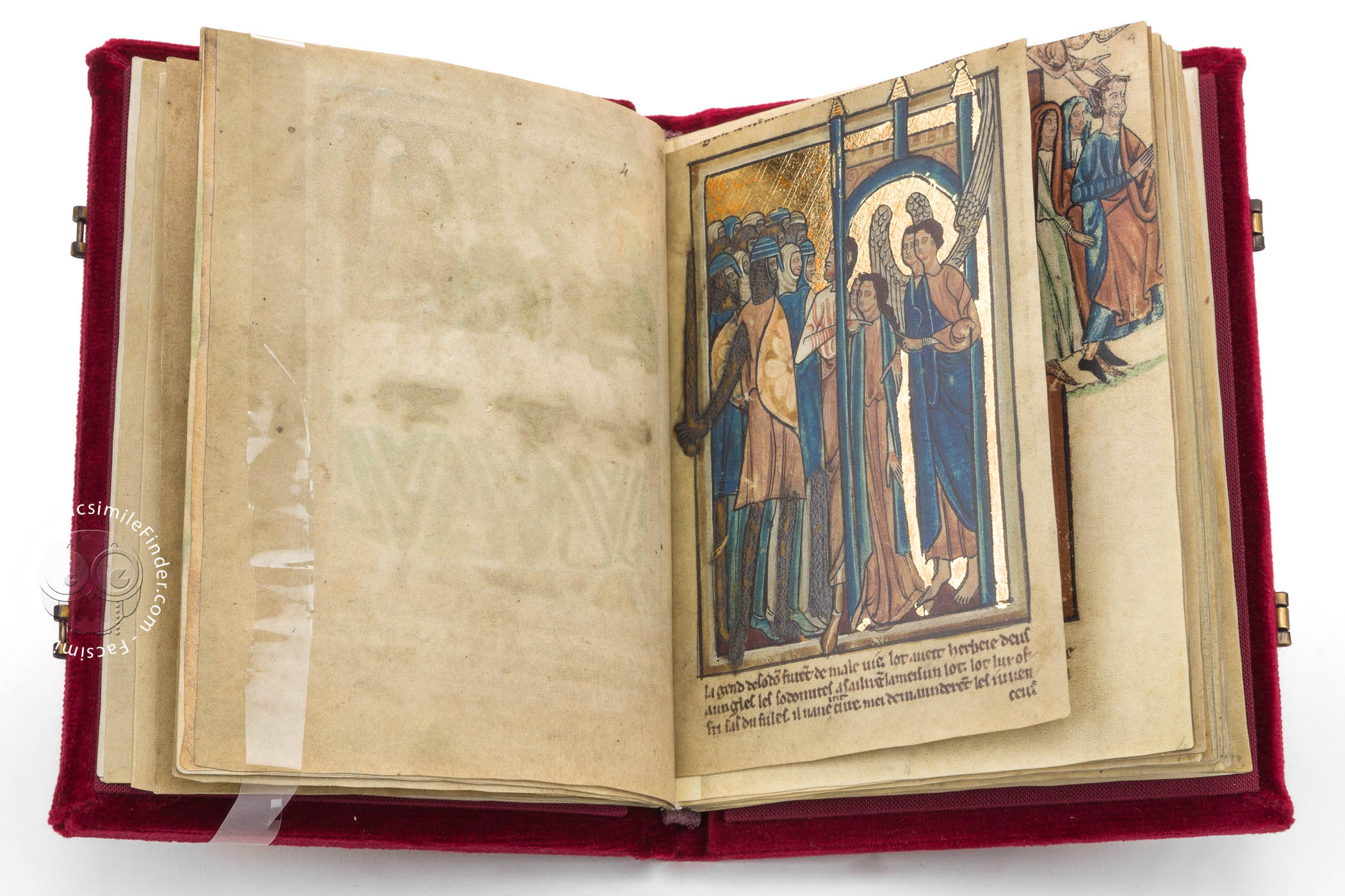 Illuminated medieval manuscript page depicting the Annunciation with angels and figures, gold leaf background, Latin text below.