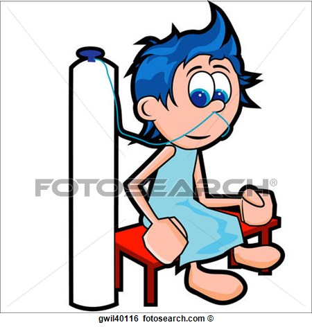 Cartoon boy with blue hair sitting on a red chair, receiving oxygen from a tall tank via nasal cannula.