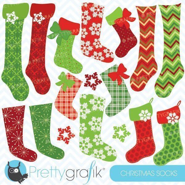 Collection of colorful Christmas stockings with festive patterns like snowflakes, plaid, polka dots, and chevrons in red and green.