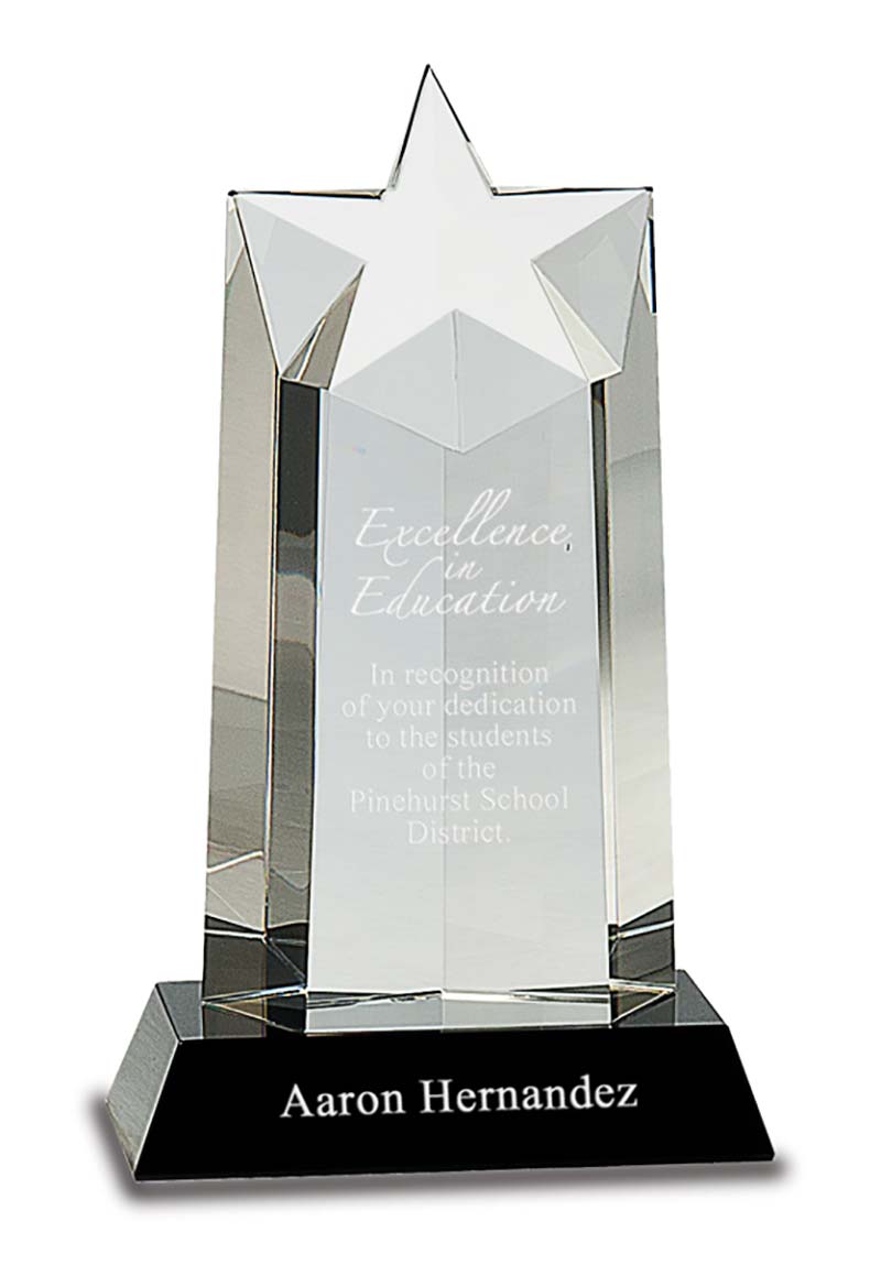 Crystal "Excellence in Education" award with star topper, engraved for Aaron Hernandez of Pinchurst School District.