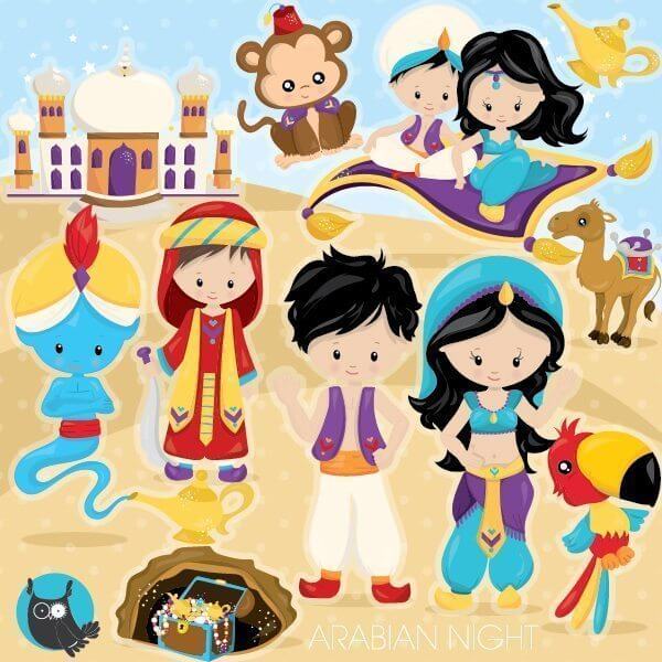 Colorful cartoon illustration of Arabian Nights characters including Aladdin, Jasmine, Genie, monkey, camel, magic lamp, and treasure chest.