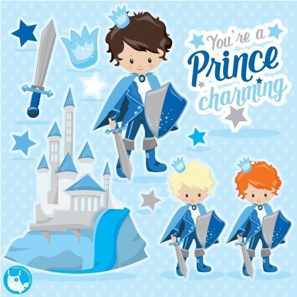 Charming cartoon princes with crowns, swords, shields, and a castle on a blue starry background.