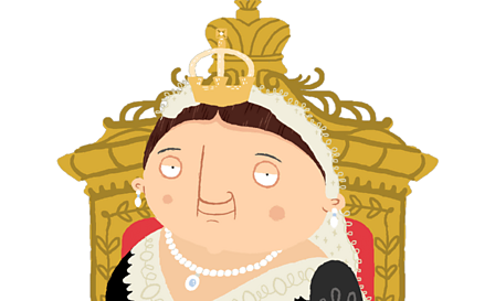 Cartoon illustration of a crowned queen seated on an ornate golden throne, wearing pearls and a white veil.