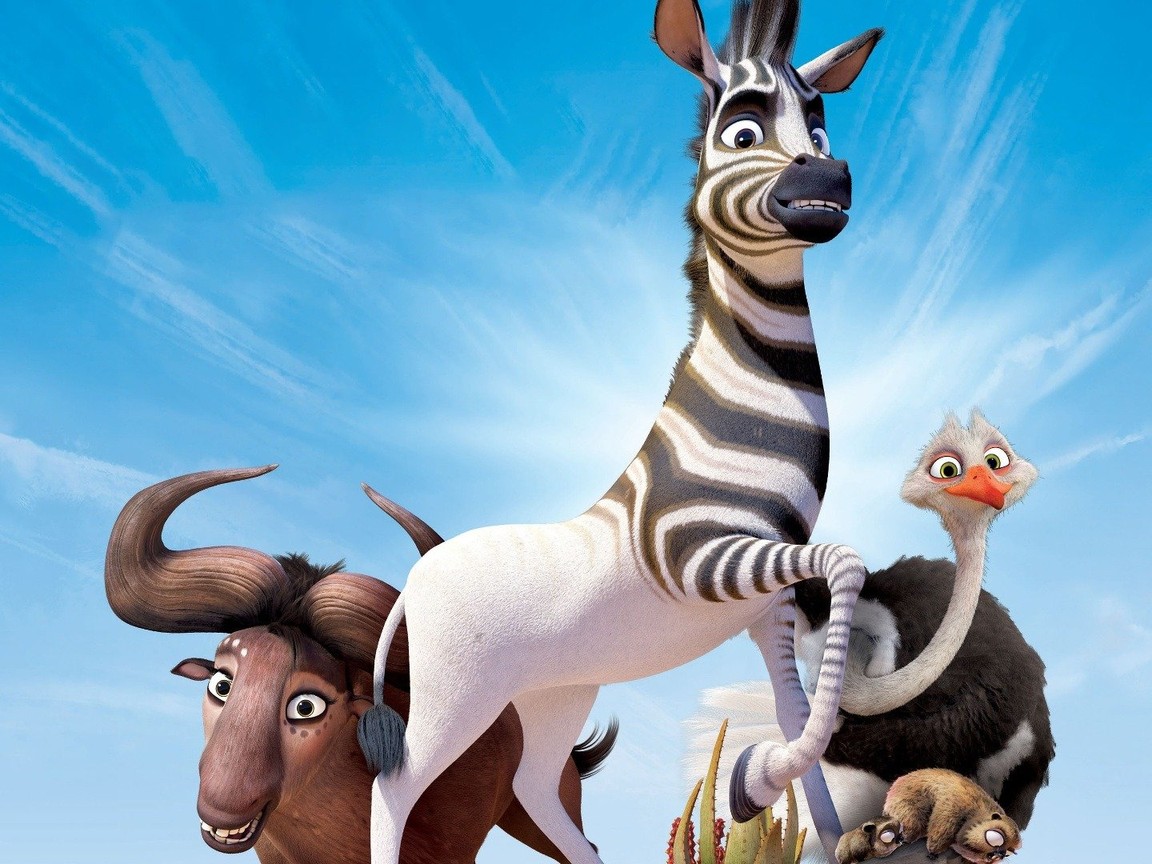 Animated zebra, wildebeest, and ostrich posing together under a bright blue sky from the movie *Khumba*.