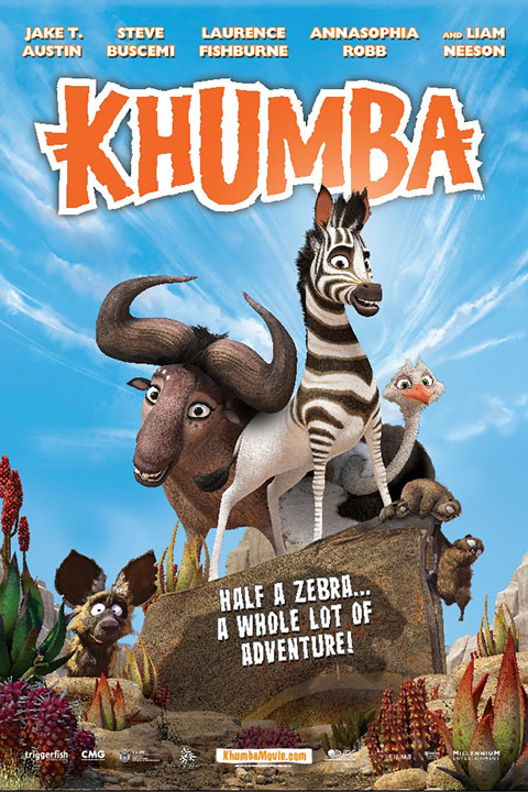 Animated movie poster for "Khumba" featuring a half-zebra, wildebeest, ostrich, and meerkats in a vibrant African savanna setting.