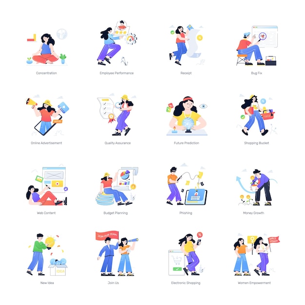 Collection of 16 flat-style illustrations depicting business, tech, and empowerment concepts like concentration, phishing, budget planning, and women empowerment.