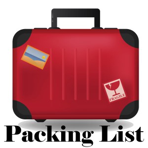 Red suitcase with travel sticker and fragile label, labeled "Packing List"