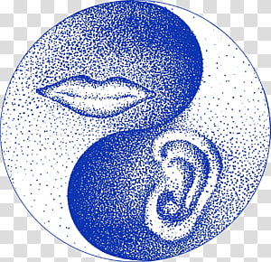Blue and white yin-yang symbol featuring stylized lips in the white half and an ear in the blue half, rendered in stippled dotwork.