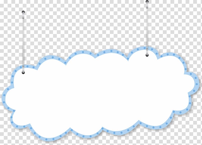 White cloud-shaped hanging sign with light blue dotted border and two suspension strings on transparent background.