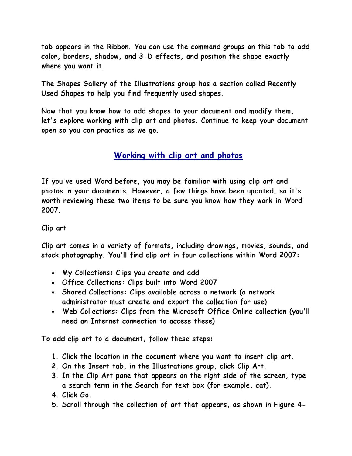 Instructional guide on inserting and using clip art in Microsoft Word 2007, including steps and collection types.