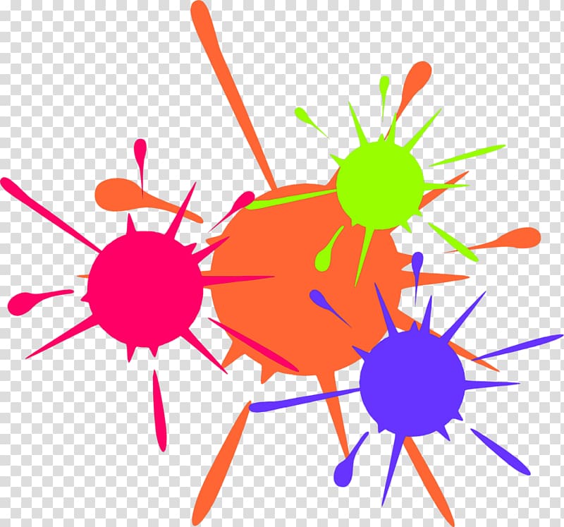 Vibrant colorful paint splatter graphic with pink, orange, green, and purple bursts on transparent background.