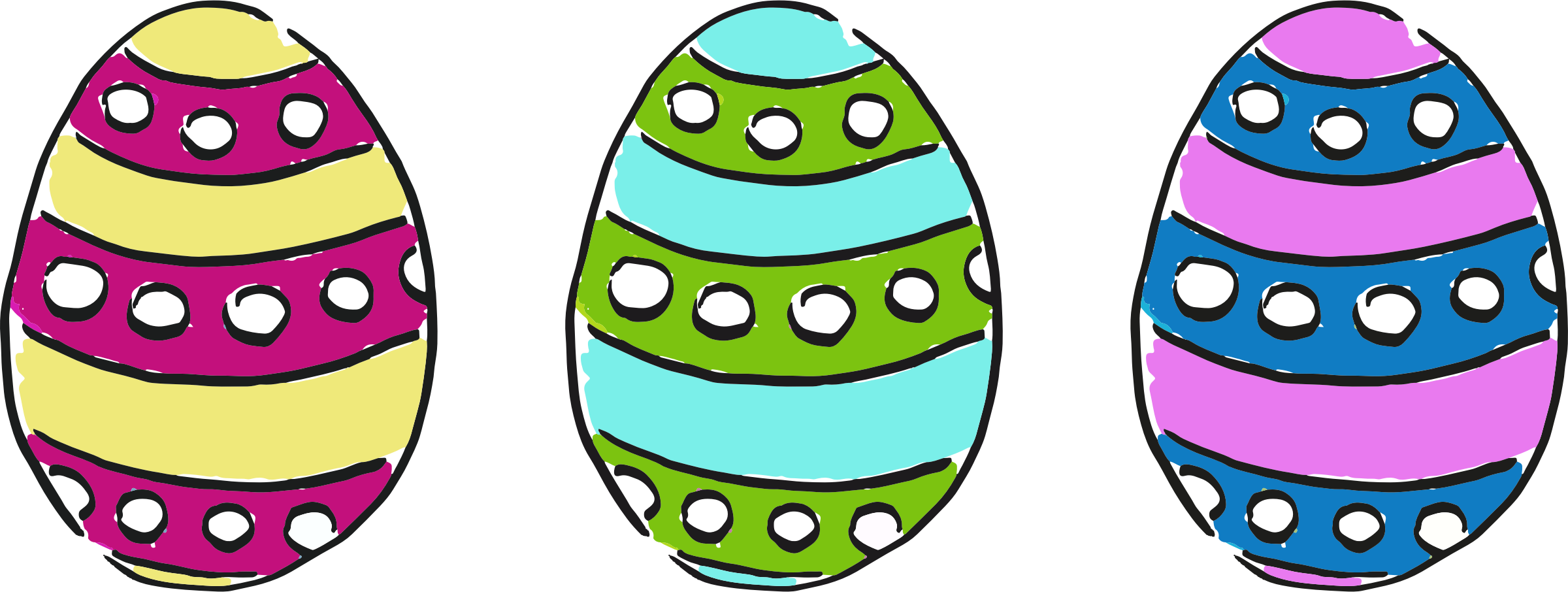 Three colorful hand-drawn Easter eggs with striped patterns and black dot accents on a black background.