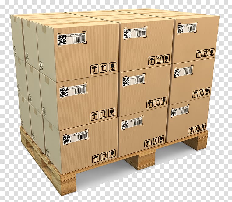 Stack of labeled cardboard boxes on a wooden pallet, ready for shipping or storage.