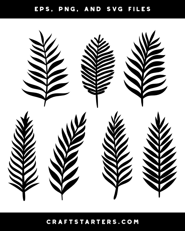 Seven black-and-white tropical palm frond silhouettes in EPS, PNG, and SVG formats for crafting and design projects.