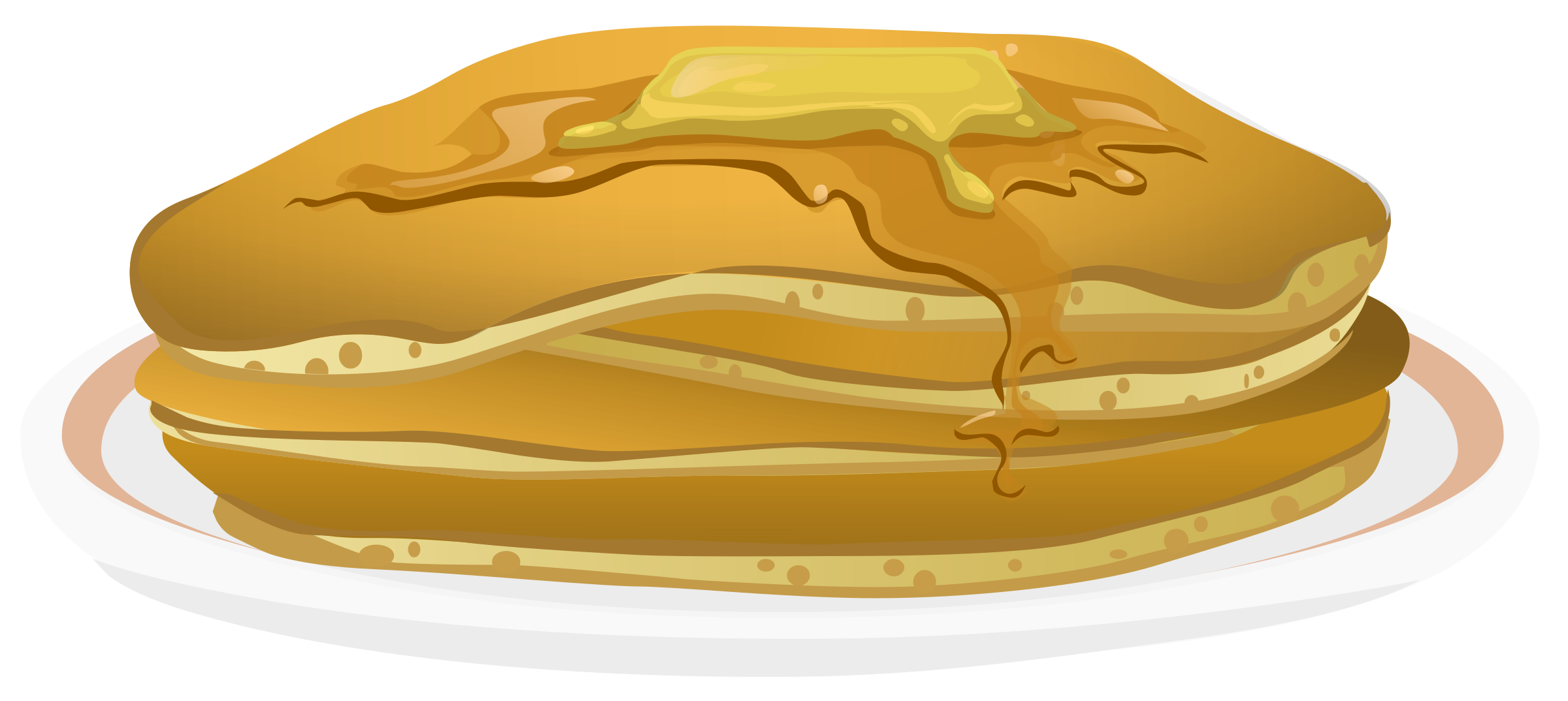 Stack of golden pancakes with melting butter and syrup drizzle on a white plate.