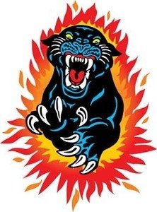 Fierce black panther roaring with bared teeth and claws, surrounded by explosive red and orange flames.
