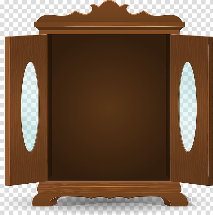 Open wooden cabinet with ornate top, oval glass panels on doors, and empty interior.