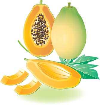 Fresh papaya fruit sliced open showing orange flesh and black seeds, with whole fruit and leaves on white background.