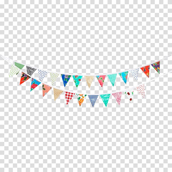 Colorful triangular bunting flags with floral, polka dot, and gingham patterns strung on a white cord against a transparent background.