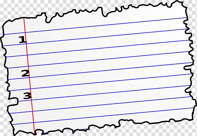 Torn piece of lined notebook paper with numbered margin (1-3) and red vertical line, on transparent background.