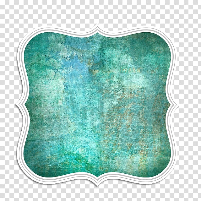 Teal and turquoise grunge texture in ornate white frame with scalloped edges on transparent background.