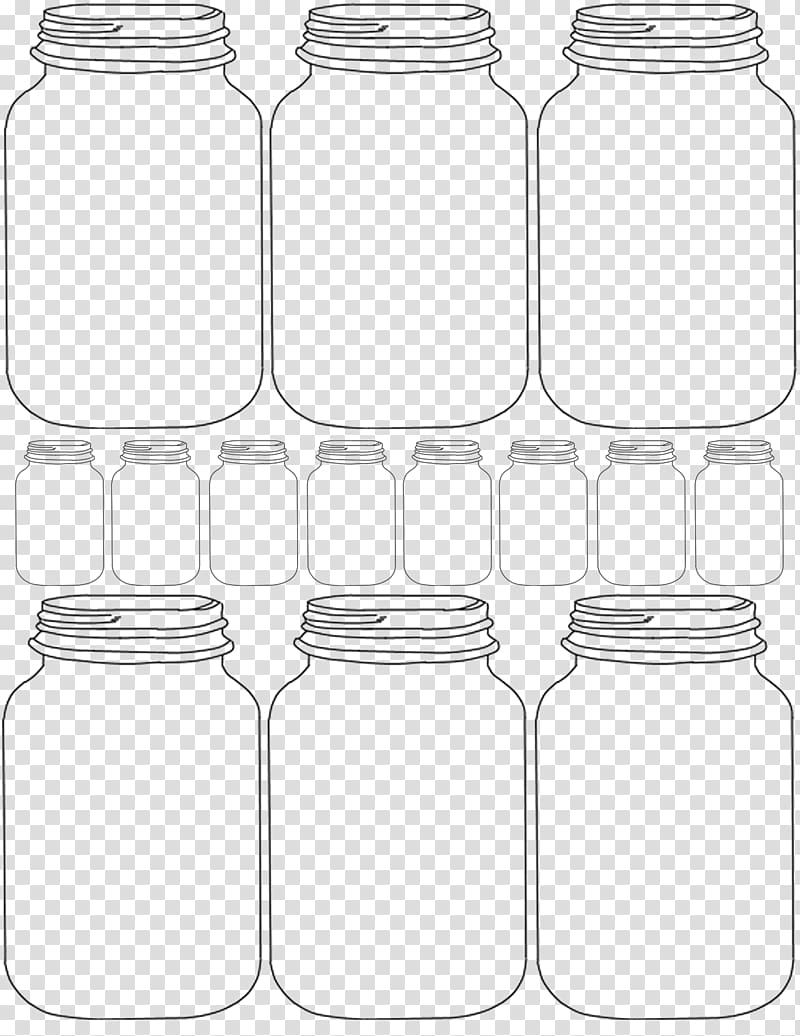 Line drawing of nine mason jars in three rows-three large, six small-on transparent background for crafting or labeling use.