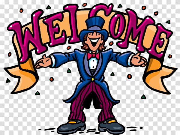 Cheerful ringmaster in top hat and suit holding a "WELCOME" banner with confetti.