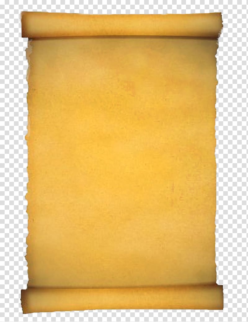 Vintage parchment scroll with aged yellowed paper and rolled edges on transparent background.