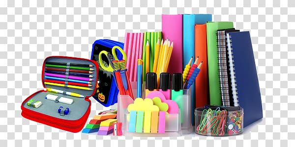 A colorful assortment of school and office supplies including pencils, notebooks, highlighters, erasers, and a pencil case on transparent background.