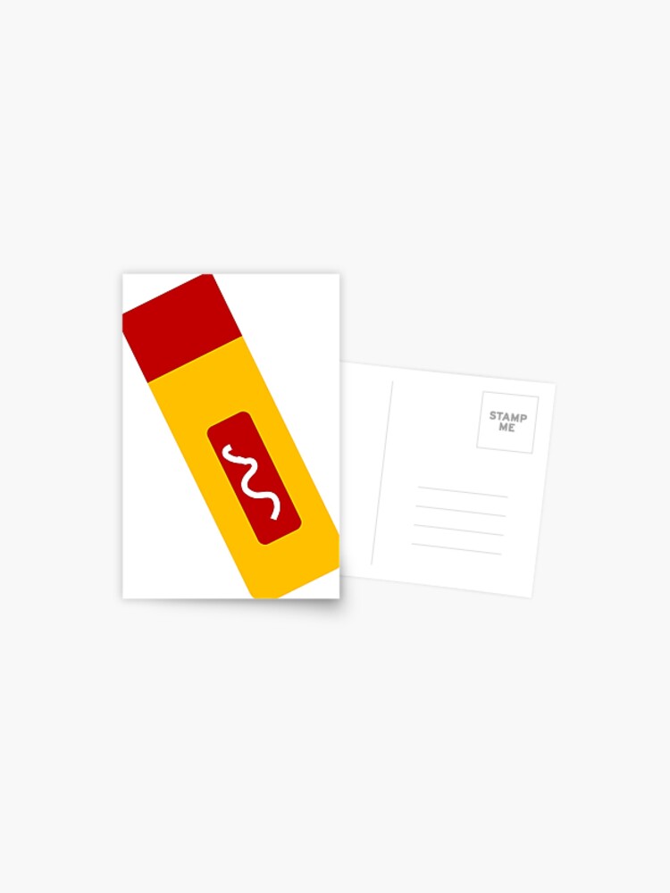 Minimalist illustration of a yellow ketchup bottle with red cap and label, shown on a postcard front and back.
