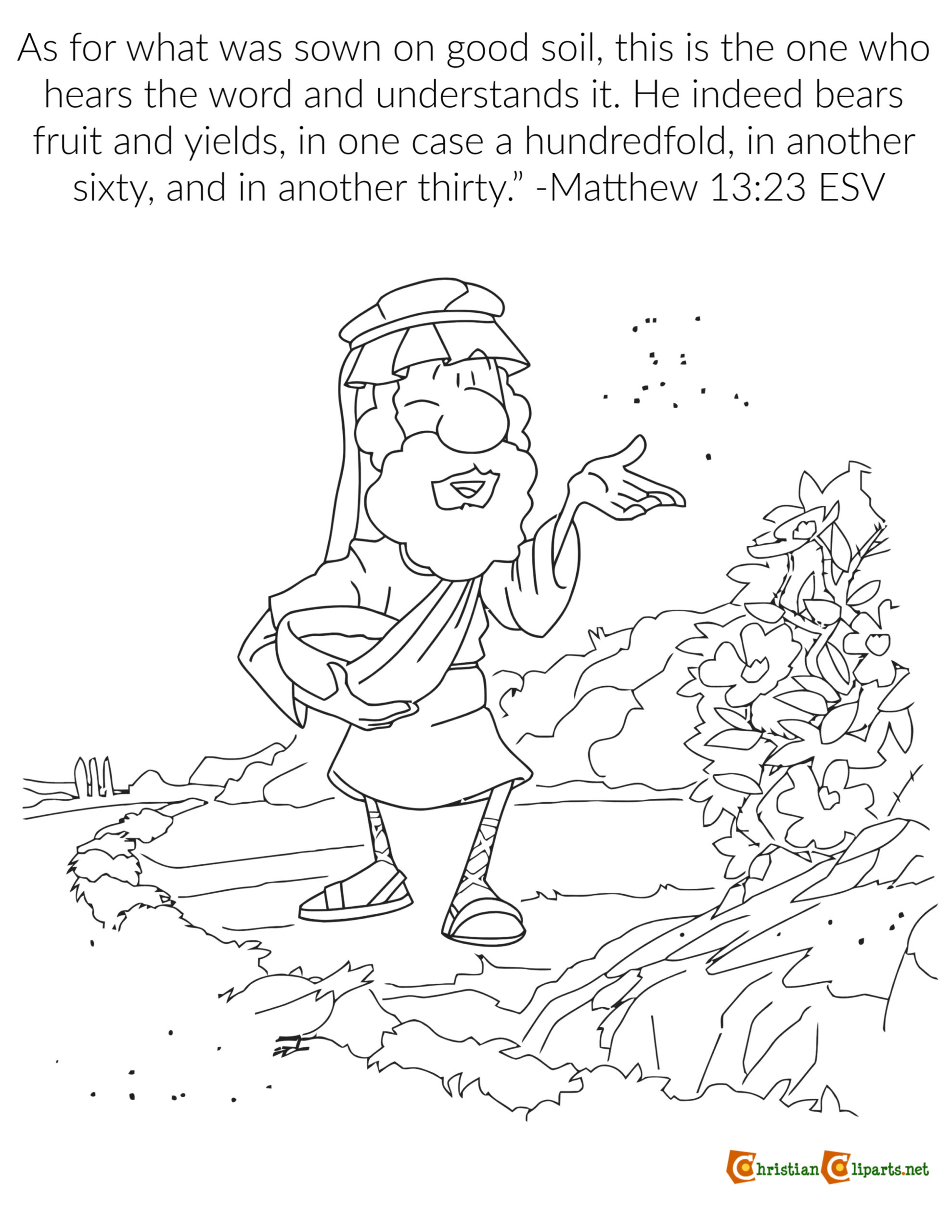 A bearded man in ancient robes sowing seeds, with flourishing plants nearby, illustrating Matthew 13:23.