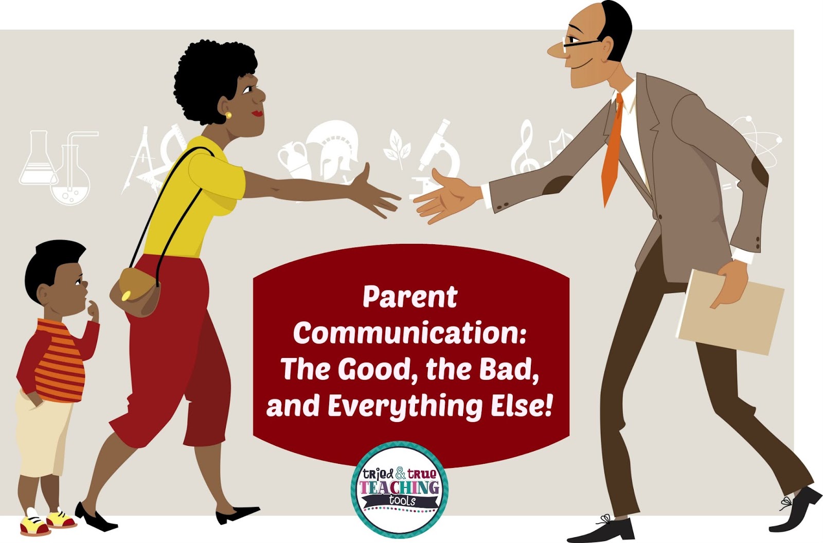 A mother and child meeting a teacher, with icons representing school subjects in the background and text about parent communication.