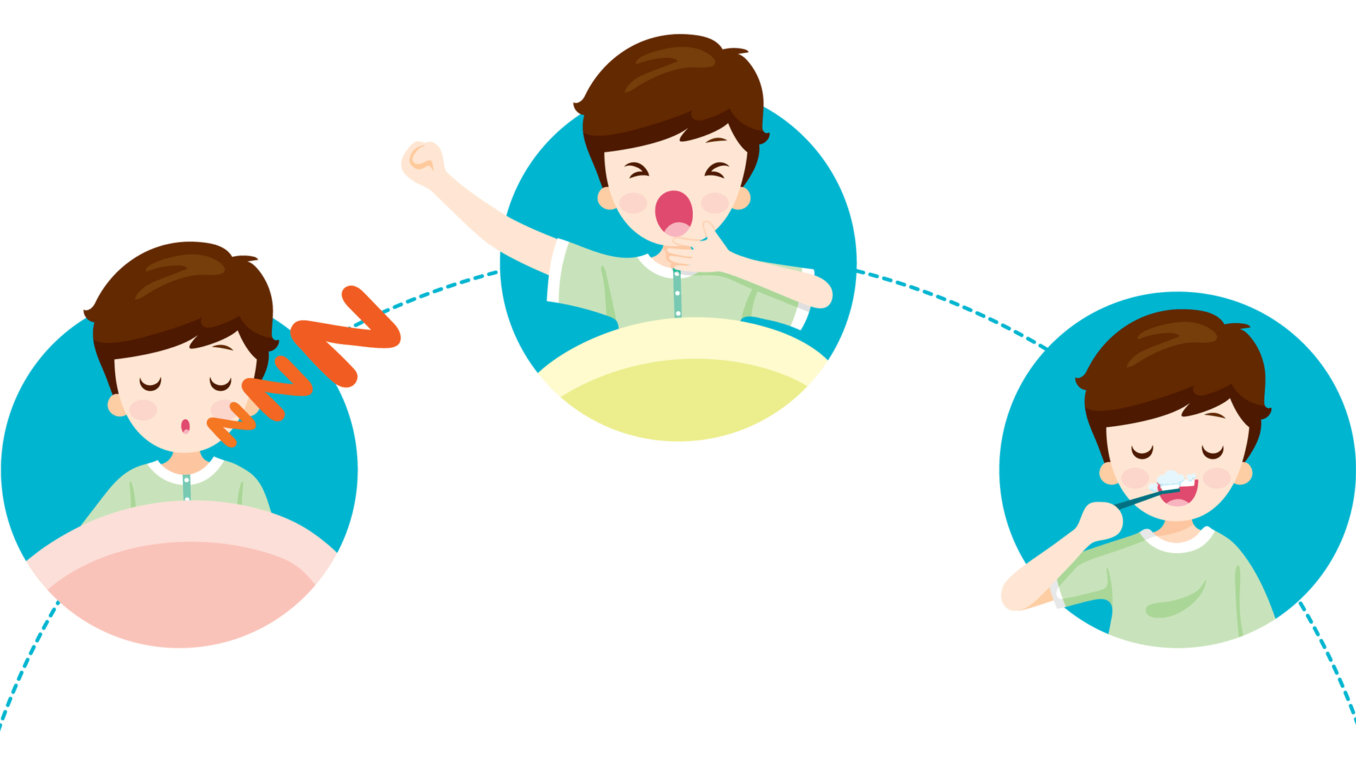 A boy sleeping, yawning after waking, and brushing teeth-illustrating a healthy morning routine.