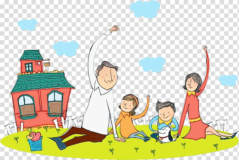 Happy family of four playing outdoors in front of a colorful house with blue clouds and green grass.