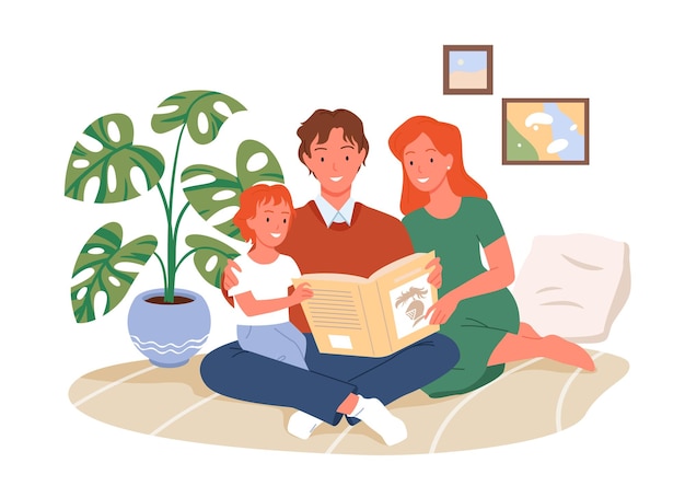A smiling family of three-father, mother, and child-sitting on a rug reading a storybook together beside a potted monstera plant.