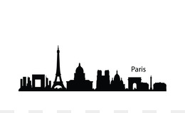 Silhouette of Paris skyline featuring Eiffel Tower, Arc de Triomphe, Notre-Dame, and other landmarks with "Paris" label.