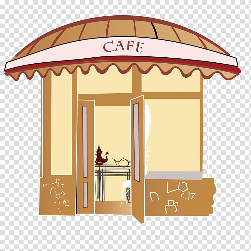 Charming cartoon-style café with open doors, teapot on table, and scalloped awning labeled "CAFE".